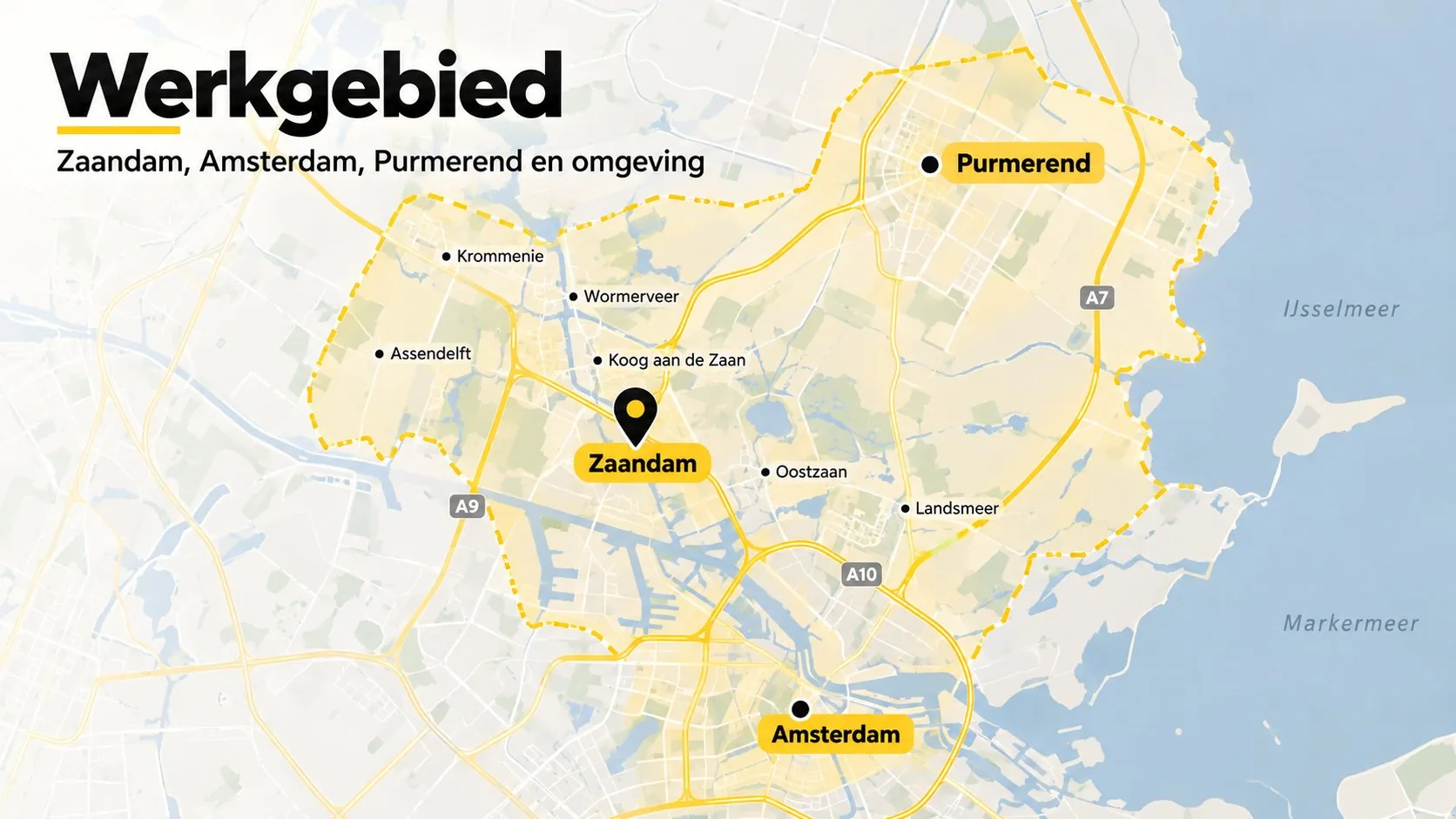 Werkgebied van AT DE KLUSSER in Zaandam, Amsterdam, Purmerend en omgeving